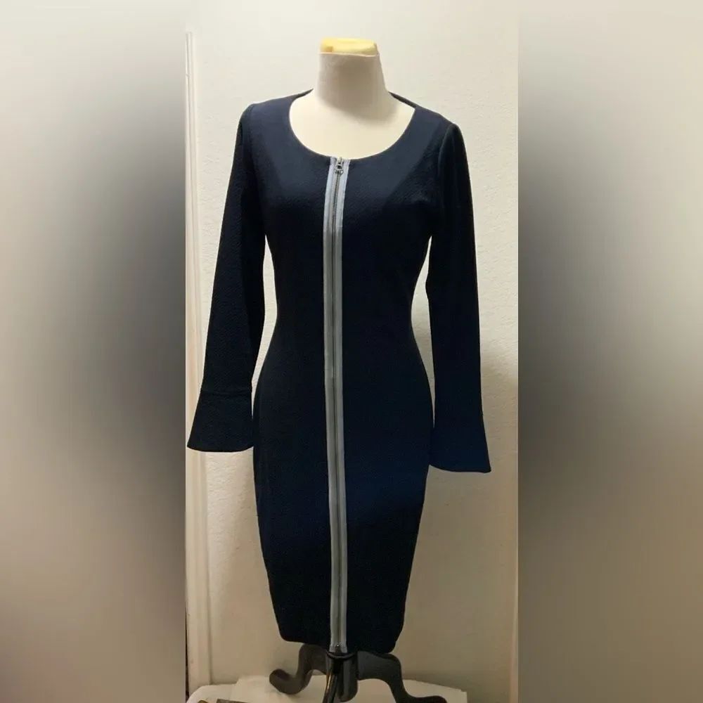 New Hilton Hollis Dress bodycon midnight/black combo dress front zip retail $740